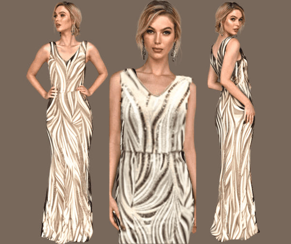 Mei Mei- Cream, Copper, Gold Mixed Sequin Gown Mei Mei Gowns James St Boutique